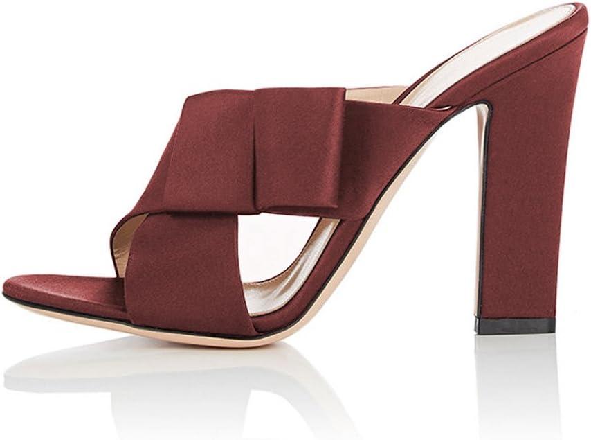 imageFSJ Women Chunky High Heels Open Toe Slide Sandals Cross Strap Summer Mules Shoe with Bows Size 415 USWine Red