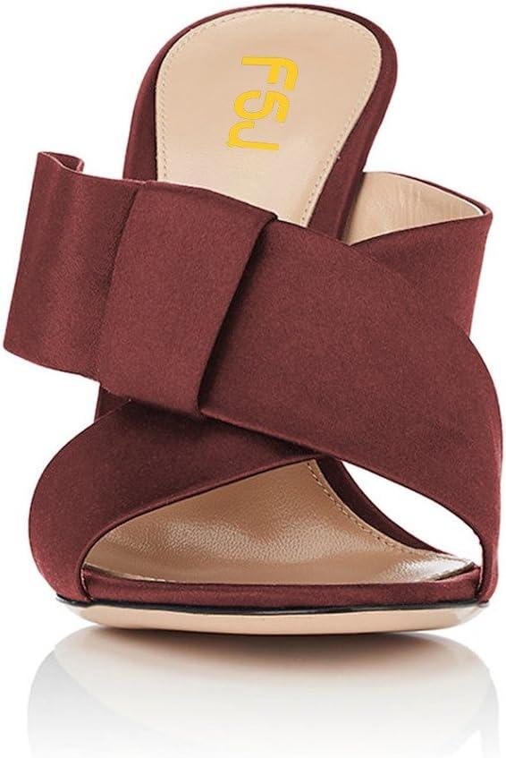 imageFSJ Women Chunky High Heels Open Toe Slide Sandals Cross Strap Summer Mules Shoe with Bows Size 415 USWine Red