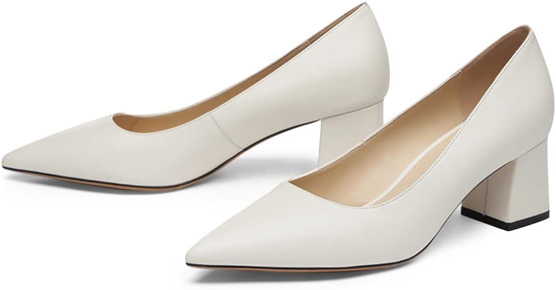 imageFSJ Women Classic Casual Pumps Pointed Toe Chunky Heels Shoe for Business Occasion US Size 415White Matte