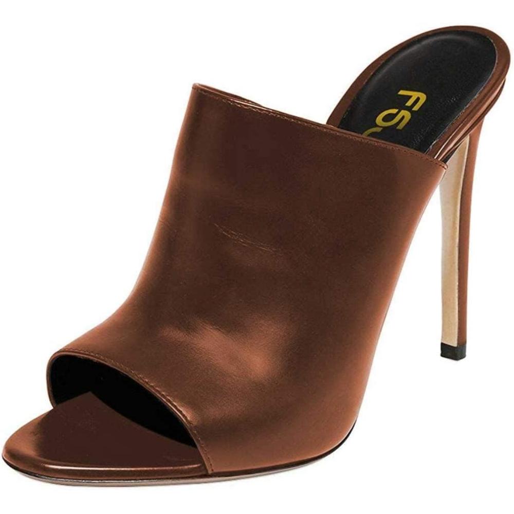 imageFSJ Wome Open Peep Toe Mule Sandals Wide Strap Slide Slippers Stiletto High Heels Slip on Backless Summer Casual Shoes 415 M USBrownpu