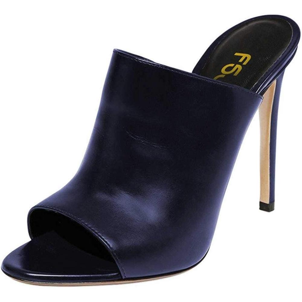 imageFSJ Wome Open Peep Toe Mule Sandals Wide Strap Slide Slippers Stiletto High Heels Slip on Backless Summer Casual Shoes 415 M USNavypu
