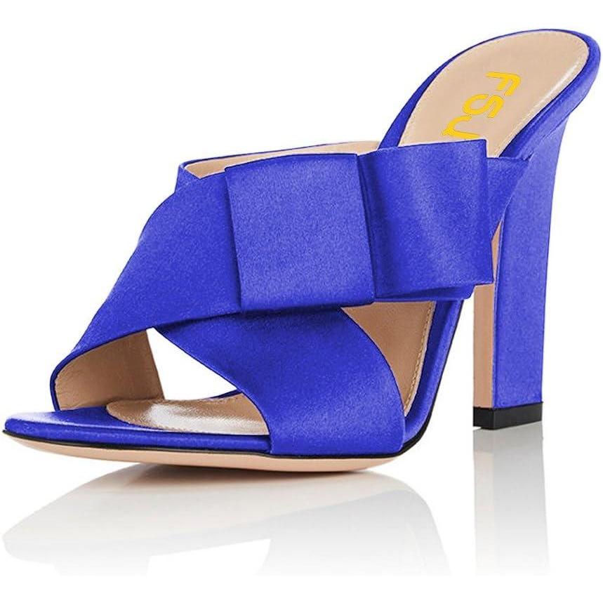 imageFSJ Women Chunky High Heels Open Toe Slide Sandals Cross Strap Summer Mules Shoe with Bows Size 415 USRoyal Blue