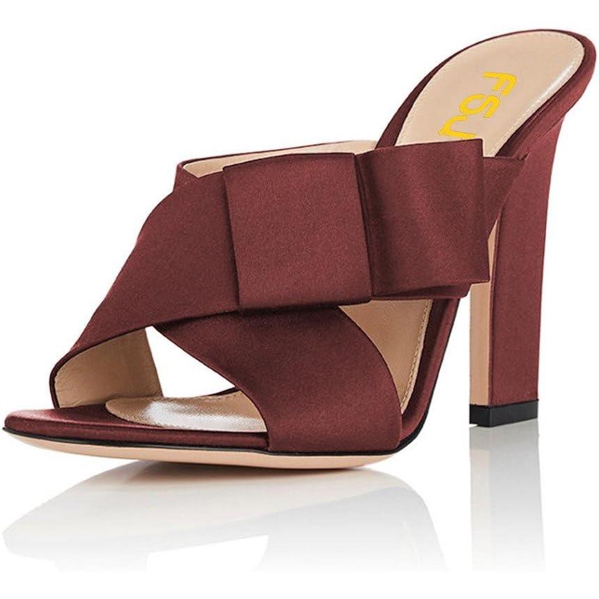 imageFSJ Women Chunky High Heels Open Toe Slide Sandals Cross Strap Summer Mules Shoe with Bows Size 415 USWine Red