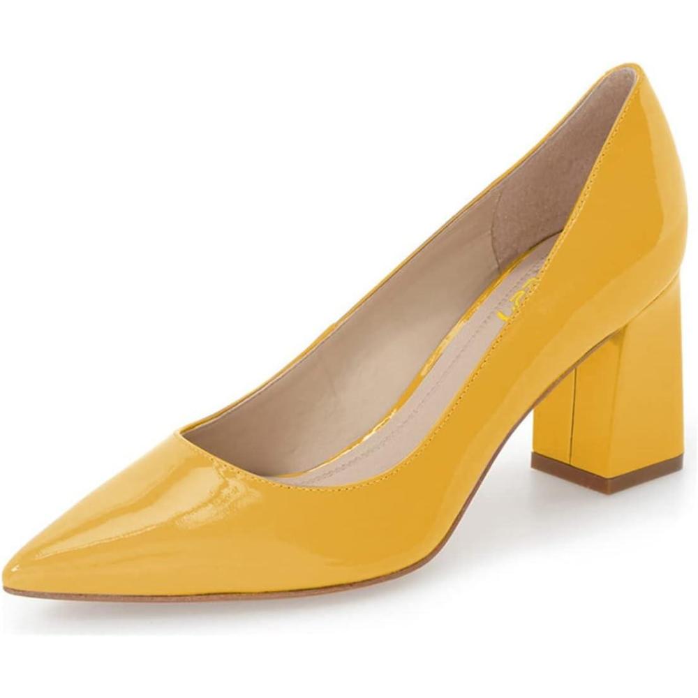 imageFSJ Women Classic Casual Pumps Pointed Toe Chunky Heels Shoe for Business Occasion US Size 415Yellow