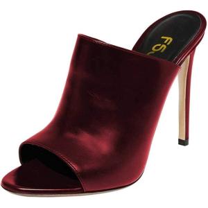 imageFSJ Wome Open Peep Toe Mule Sandals Wide Strap Slide Slippers Stiletto High Heels Slip on Backless Summer Casual Shoes 415 M USDark Redpu