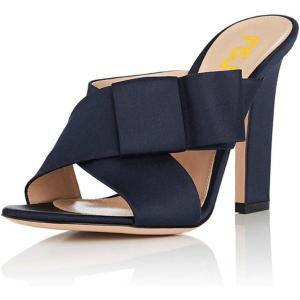imageFSJ Women Chunky High Heels Open Toe Slide Sandals Cross Strap Summer Mules Shoe with Bows Size 415 USNavy Blue