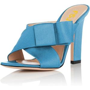imageFSJ Women Chunky High Heels Open Toe Slide Sandals Cross Strap Summer Mules Shoe with Bows Size 415 USSky Blue