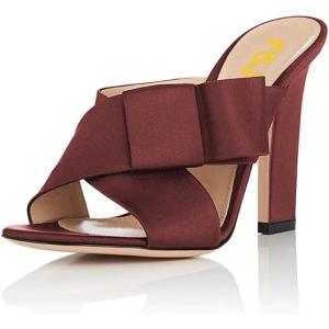 imageFSJ Women Chunky High Heels Open Toe Slide Sandals Cross Strap Summer Mules Shoe with Bows Size 415 USWine Red