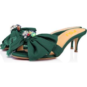 imageFSJ Women Open Toe Kitten Low Heel Sandals Slip on Rhinestone BowKnot Slipper Tassel Formal Outfit Casual Shoe Size 415 USGreen