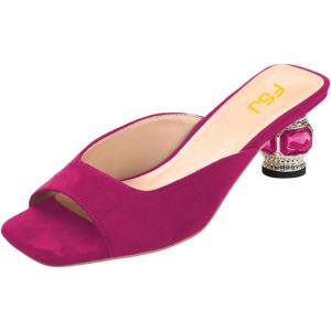 imageFSJ Women Square Open Toe Block Crystal Low Heel Mule Sandals Backless Slip On Jeweled Slide Heels Comfort Casual Slipper Dress Shoes Size 416 USFuchsia
