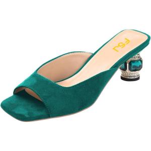 imageFSJ Women Square Open Toe Block Crystal Low Heel Mule Sandals Backless Slip On Jeweled Slide Heels Comfort Casual Slipper Dress Shoes Size 416 USGreen