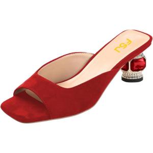 imageFSJ Women Square Open Toe Block Crystal Low Heel Mule Sandals Backless Slip On Jeweled Slide Heels Comfort Casual Slipper Dress Shoes Size 416 USRed