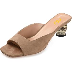 imageFSJ Women Square Open Toe Block Crystal Low Heel Mule Sandals Backless Slip On Jeweled Slide Heels Comfort Casual Slipper Dress Shoes Size 416 USTan