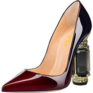 imageFSJ Women Bridal Pointed Toe Chunky High Heel Crystal Pumps Slip on Wedding Thick Comfort Unique Shoes Size 415 USBurgundy Gradient