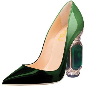 imageFSJ Women Bridal Pointed Toe Chunky High Heel Crystal Pumps Slip on Wedding Thick Comfort Unique Shoes Size 415 USEmerald Green Gradient