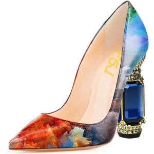 imageFSJ Women Bridal Pointed Toe Chunky High Heel Crystal Pumps Slip on Wedding Thick Comfort Unique Shoes Size 415 USGlow