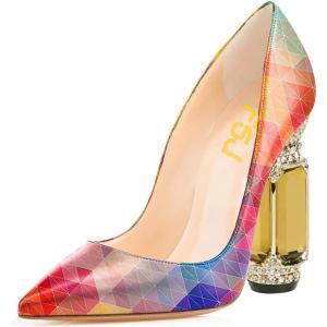 imageFSJ Women Bridal Pointed Toe Chunky High Heel Crystal Pumps Slip on Wedding Thick Comfort Unique Shoes Size 415 USPlaid
