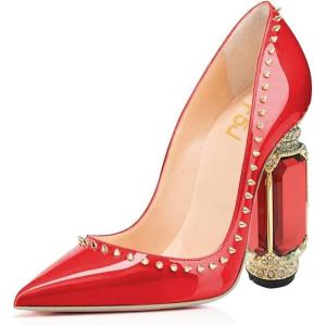 imageFSJ Women Bridal Pointed Toe Chunky High Heel Crystal Pumps Slip on Wedding Thick Comfort Unique Shoes Size 415 USRed