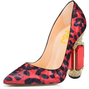 imageFSJ Women Bridal Pointed Toe Chunky High Heel Crystal Pumps Slip on Wedding Thick Comfort Unique Shoes Size 415 USRed Leopard Print