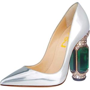 imageFSJ Women Bridal Pointed Toe Chunky High Heel Crystal Pumps Slip on Wedding Thick Comfort Unique Shoes Size 415 USSilver