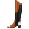 imageFSJ Women Fashion Knee High Riding Long Boots Pull On Square Closed Toe Chunky Block Thick Mid Heels Stretch Patchwork Leather Suede Fall Winter Shoes Size 415 USBrown