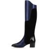 imageFSJ Women Fashion Knee High Riding Long Boots Pull On Square Closed Toe Chunky Block Thick Mid Heels Stretch Patchwork Leather Suede Fall Winter Shoes Size 415 USBlue