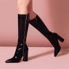 imageFSJ Women Knee High Boots Pointed Toe Chunky Block Heel Zipper Booties Faux Leather Combat Riding Ladies Party Dress Long Boots Size 415 USBlack