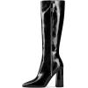 imageFSJ Women Knee High Boots Pointed Toe Chunky Block Heel Zipper Booties Faux Leather Combat Riding Ladies Party Dress Long Boots Size 415 USBlack