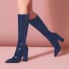 imageFSJ Women Knee High Boots Pointed Toe Chunky Block Heel Zipper Booties Faux Leather Combat Riding Ladies Party Dress Long Boots Size 415 USBlue