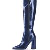 imageFSJ Women Knee High Boots Pointed Toe Chunky Block Heel Zipper Booties Faux Leather Combat Riding Ladies Party Dress Long Boots Size 415 USBlue