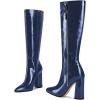 imageFSJ Women Knee High Boots Pointed Toe Chunky Block Heel Zipper Booties Faux Leather Combat Riding Ladies Party Dress Long Boots Size 415 USBlue