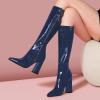 imageFSJ Women Knee High Boots Pointed Toe Chunky Block Heel Zipper Booties Faux Leather Combat Riding Ladies Party Dress Long Boots Size 415 USBlue