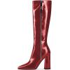 imageFSJ Women Knee High Boots Pointed Toe Chunky Block Heel Zipper Booties Faux Leather Combat Riding Ladies Party Dress Long Boots Size 415 USRed