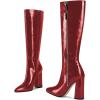 imageFSJ Women Knee High Boots Pointed Toe Chunky Block Heel Zipper Booties Faux Leather Combat Riding Ladies Party Dress Long Boots Size 415 USRed