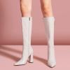 imageFSJ Women Knee High Boots Pointed Toe Chunky Block Heel Zipper Booties Faux Leather Combat Riding Ladies Party Dress Long Boots Size 415 USWhite