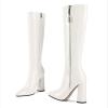 imageFSJ Women Knee High Boots Pointed Toe Chunky Block Heel Zipper Booties Faux Leather Combat Riding Ladies Party Dress Long Boots Size 415 USWhite