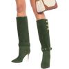 imageFSJ Women Retro Stacked Knee High Long Boots Pointed Toe Stiletto High Metal Heels Shoes With Buttons Size 415 USGreen