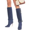 imageFSJ Women Retro Stacked Knee High Long Boots Pointed Toe Stiletto High Metal Heels Shoes With Buttons Size 415 USNavy