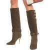 imageFSJ Women Retro Stacked Knee High Long Boots Pointed Toe Stiletto High Metal Heels Shoes With Buttons Size 415 USSaddle Brown