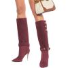 imageFSJ Women Retro Stacked Knee High Long Boots Pointed Toe Stiletto High Metal Heels Shoes With Buttons Size 415 USWine Red