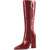imageFSJ Women Knee High Boots Pointed Toe Chunky Block Heel Zipper Booties Faux Leather Combat Riding Ladies Party Dress Long Boots Size 415 USRed