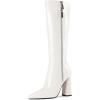 imageFSJ Women Knee High Boots Pointed Toe Chunky Block Heel Zipper Booties Faux Leather Combat Riding Ladies Party Dress Long Boots Size 415 USWhite