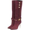 imageFSJ Women Retro Stacked Knee High Long Boots Pointed Toe Stiletto High Metal Heels Shoes With Buttons Size 415 USWine Red
