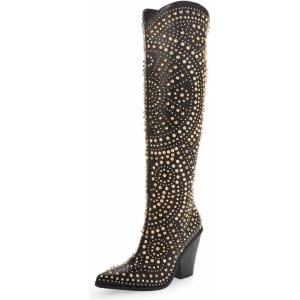 imageFSJ Women Cowboy Boots Pointed Toe Studded Rivets Knee High Boots Block Heels Western Wedding Date Travel Dress Shoes Size 416 USBlack