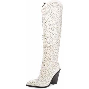 imageFSJ Women Cowboy Boots Pointed Toe Studded Rivets Knee High Boots Block Heels Western Wedding Date Travel Dress Shoes Size 416 USWhite