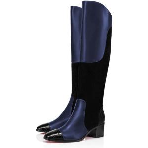 imageFSJ Women Fashion Knee High Riding Long Boots Pull On Square Closed Toe Chunky Block Thick Mid Heels Stretch Patchwork Leather Suede Fall Winter Shoes Size 415 USBlue