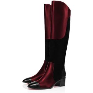 imageFSJ Women Fashion Knee High Riding Long Boots Pull On Square Closed Toe Chunky Block Thick Mid Heels Stretch Patchwork Leather Suede Fall Winter Shoes Size 415 USDarkred