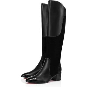imageFSJ Women Fashion Knee High Riding Long Boots Pull On Square Closed Toe Chunky Block Thick Mid Heels Stretch Patchwork Leather Suede Fall Winter Shoes Size 415 USBlack