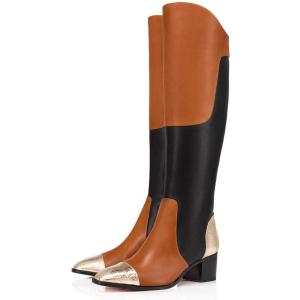 imageFSJ Women Fashion Knee High Riding Long Boots Pull On Square Closed Toe Chunky Block Thick Mid Heels Stretch Patchwork Leather Suede Fall Winter Shoes Size 415 USBrown