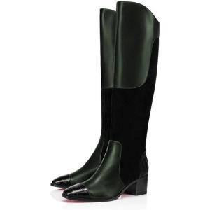 imageFSJ Women Fashion Knee High Riding Long Boots Pull On Square Closed Toe Chunky Block Thick Mid Heels Stretch Patchwork Leather Suede Fall Winter Shoes Size 415 USGreen